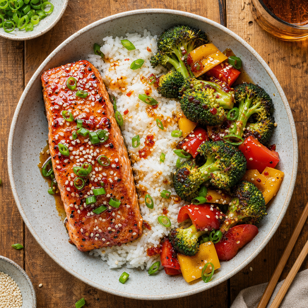 Sheet Pan Chili-Honey Garlic Salmon Bowls